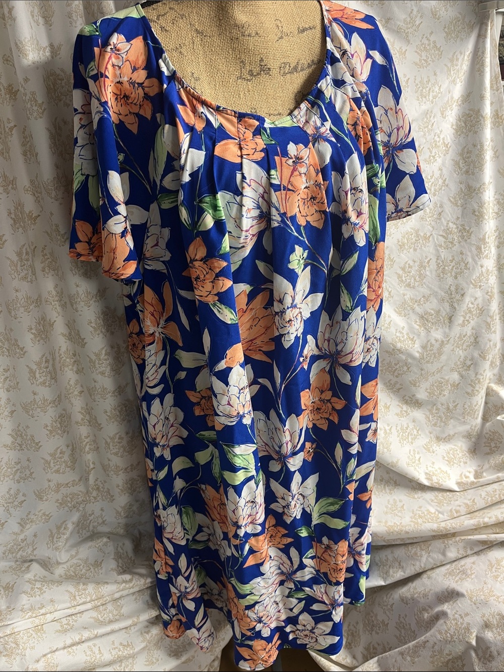 Floral Scoop-Neck Midi Dress in Blue and Peach